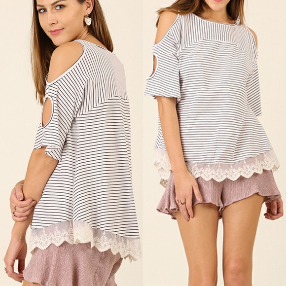 Umgee Tops - Umgee Top Size S M L Lace Striped Cottage Cold Shoulder Tunic Womens Shirt New